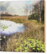 Lily Pads Under The Clouds Painting Wood Print