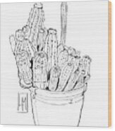 Line Drawing Of A Pot Of Cactus Wood Print