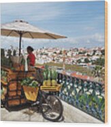 Lisbon Pineapple Stand With Bicycle And Umbrella Historical Downtown View Wood Print