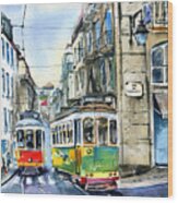 Lisbon Trams At Rua Da Madalena Wood Print