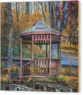 Little Bridge At The Fall Garden Gazebo Wood Print