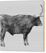 Longhorn In Black And White Wood Print