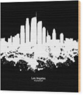 Los Angeles City Skyline Watercolor - White On Black Background With Caption Wood Print