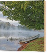 Ludow Vt Row Boat Misty Morning Fall Foliage Wood Print