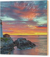 Maine Sunrise At The Portland Head Light Wood Print