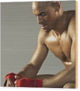 Male Boxer Adjusting Bandages On His Hands Wood Print