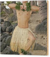 Male Hula Dancer Poses In Front Of Palm Trees On The Beach. Wood Print