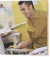 Man In Front Of Computer, Smiling Wood Print