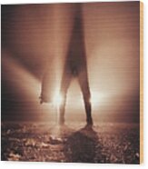 Man Stands In Car Lights Wood Print