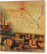 Map Of Downtown Fresno On Old Paper, And Panorama Of Central Part Wood Print