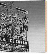 Meadow Gold Neon Panorama Along Tulsa's Route 66 - Black And White Wood Print