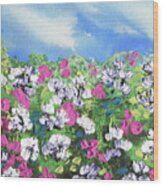 Meadow With Pink White Blue Flowers Contemporary Decorative Art Vi Wood Print