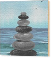 Meditative Rocks At The Teal Blue Ocean Beach Wood Print