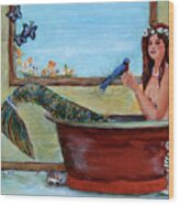 Mermaid In Bathtub Spring Mermaid Painting By Linda Queally Wood Print