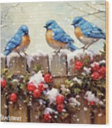 Merry Christmas Bluebirds Wood Print