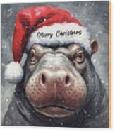 Merry Christmas Hippopotamus Wood Print