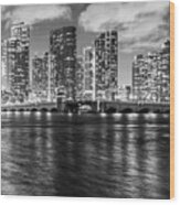 Miami Night Skyline And Venetian Bridge Black And White Picture Wood Print