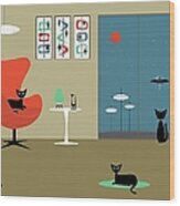Mid Century Cat Spies Flying Saucer Wood Print