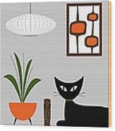 Mid Century Cat With Pods On Gray Wood Print