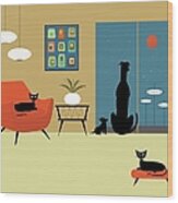 Mid Century Cats And Dogs Wood Print