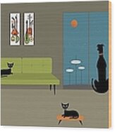 Mid Century Dog Spies Space Pods Wood Print