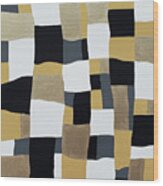 Mid Century Mod Abstract Squares Metallic Gold Navy Blue Mustard Ivory Wood Print