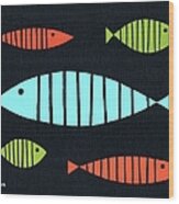 Mid Century Modern Blue, Orange And Green Fish Wood Print