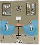 Mid Century Room With Siamese Cats Wood Print