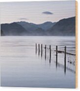 Misty Morning Over Derwent Water, The Lake District, England, Uk Wood Print