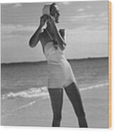 Model On A Beach Fastening Her Bathing Cap Wood Print