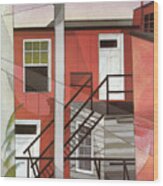 Modern Conveniences - Outer Staircase And Red Facade Wood Print