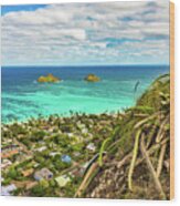 Mokulua Islands And Lanikai Seen From Pillbox Trail Ridge Wood Print