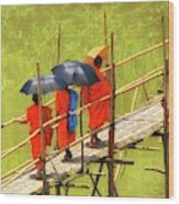 Monks On The Bridge Wood Print