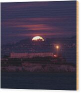 Moon Over Alcatraz Wood Print