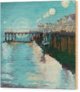 Moon Over Santa Cruz Wharf Wood Print