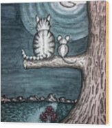 Moonlight Cat And Mouse Wood Print