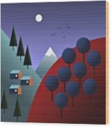 Moonlit Mountainscape Wood Print