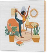 Morning Yoga, Beautiful Girl Practising Yoga At Home, Boho Interior Design, Printable Wall Art Wood Print