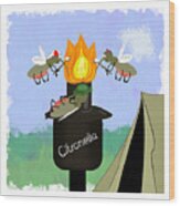 Mosquito Family Camping By Tiki Torch Cartoon Wood Print