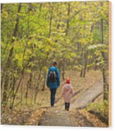 Mother And Daughter Are Walking In The Autumn Forest Wood Print
