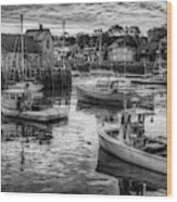 Motif #1 And Lobster Boats At Sunrise In Rockport Harbor - Black And White Wood Print