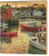 Motif #1 Fishing Shack Sunrise Panorama And Rockport Harbor Wood Print