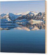 Mountain And Glacier Reflections In Calm Water Wood Print