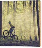 Mountain Bike Riding In The Forest Wood Print
