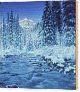 Mountain, Stream And Forest In Winter, Banff National Park, Alberta, Canada Wood Print