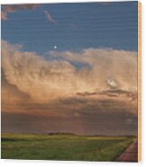 Nd Showing Off #2 - Panorama Of Massive Stormcloud Above Nd Hwy 281 At Sunset With Moon Wood Print