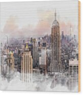 New York City Skyline With Skyscrapers, Watercolor Drawing Wood Print