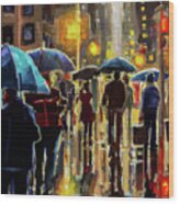 New York Nights In The Rain Wood Print
