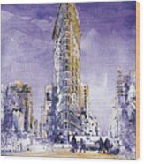 New York Watercolor Cityscape - Flatiron Building Wood Print