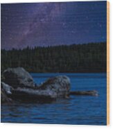 Night Sky And Milky Way Over Lake Wood Print